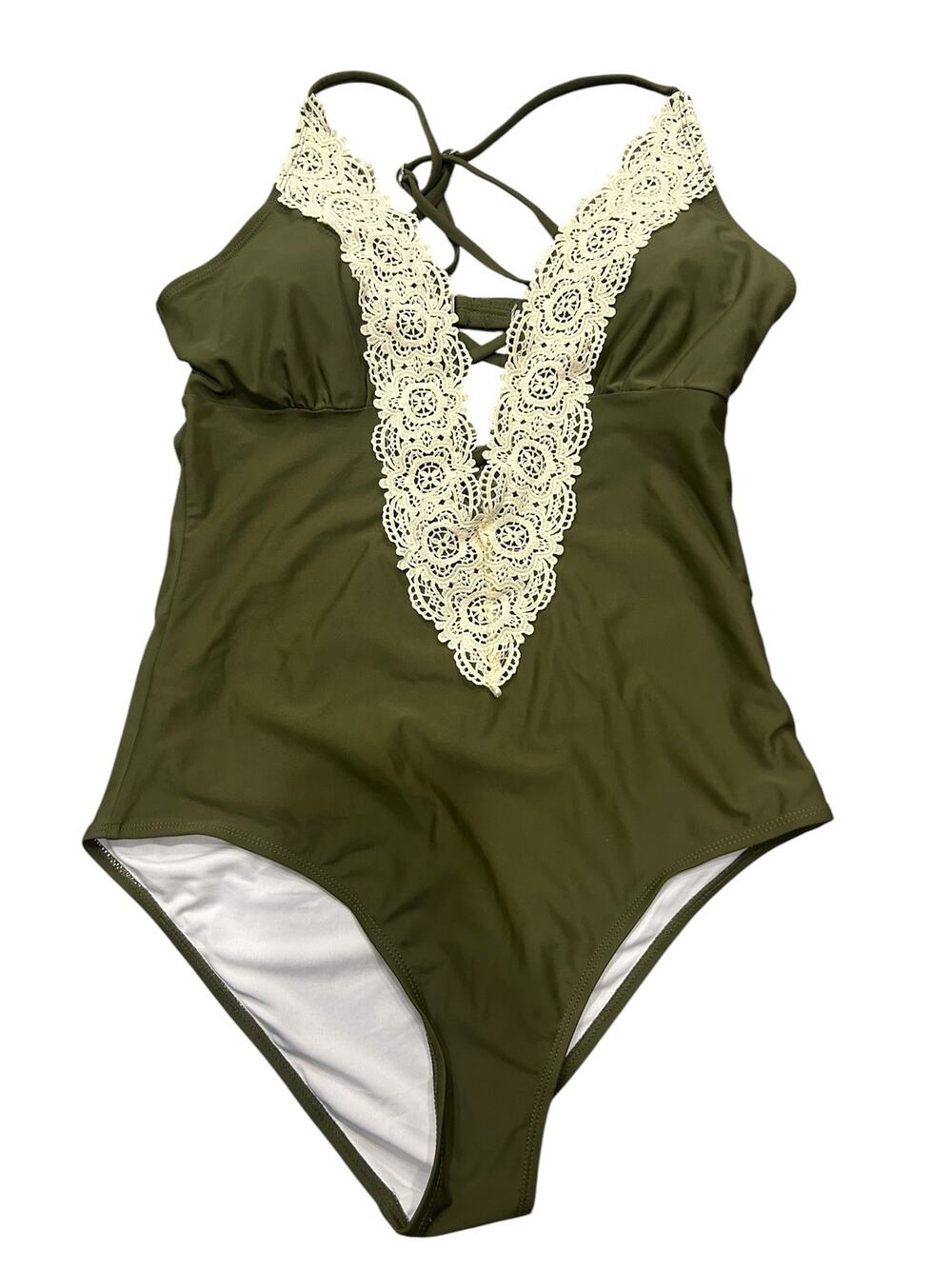 CUPSHE Olive Green Lace One Piece Swimsuit Halter Open Back Women's Large